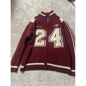 Aelfric Eden Jacquard Burgundy Varsity Zip Up Cardigan Sweater 24 Medium